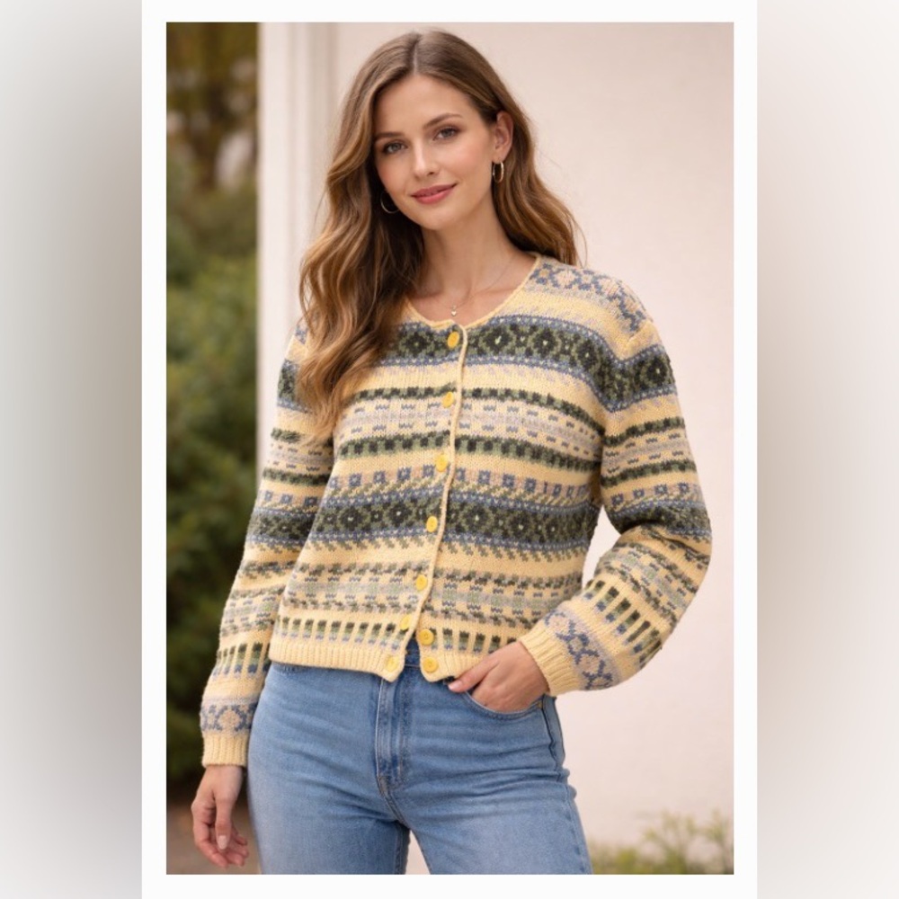 Cleo Petites Vintage Yellow Norwegian Button-Front Cardigan Sweater